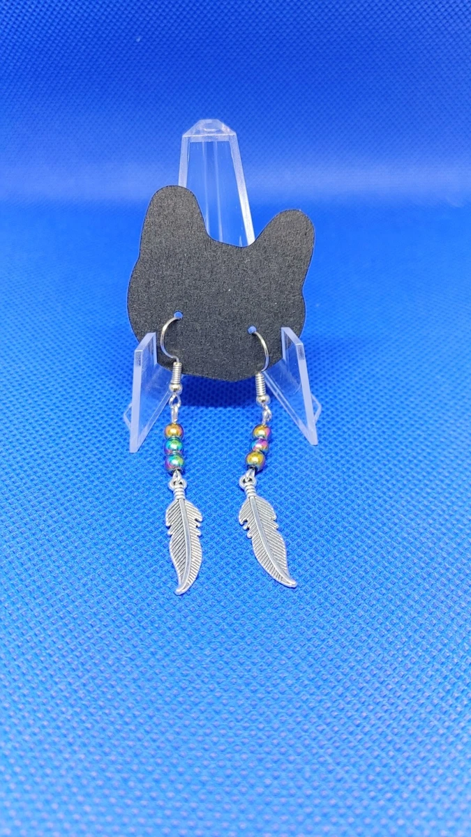 Orecchini Pendenti In Piuma Multicolor - Stile Bohemien - Argento E Nero - 6x3 Cm