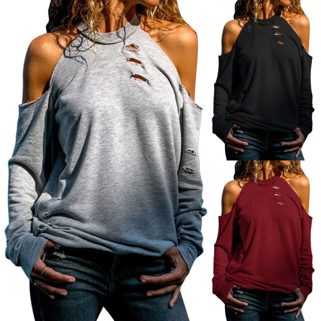 Women&#039;s Cold Shoulder Long Sleeve Loose T-Shirt Ladies Casual Blouse Ripped Tops