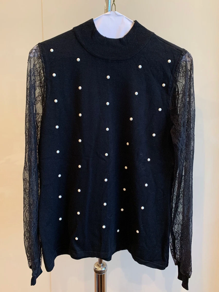 B By Belldini Womens Black Sweater Top w Lace Long Sleeves Faux Pearl Dots SZ S