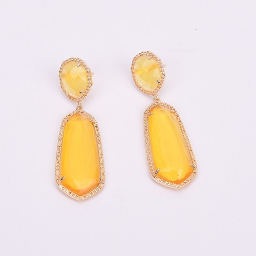 Natural Yellow Cat Eye Dangle Gold Plated Stud Earrings Geometric Gems Earring - Picture 7 of 10