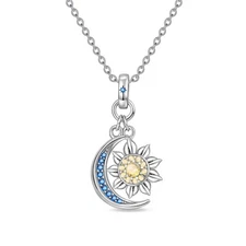 KUNSIR 925 Sterling Silver Moon& Sun Pendant Necklace For Women Choker 19" Chain