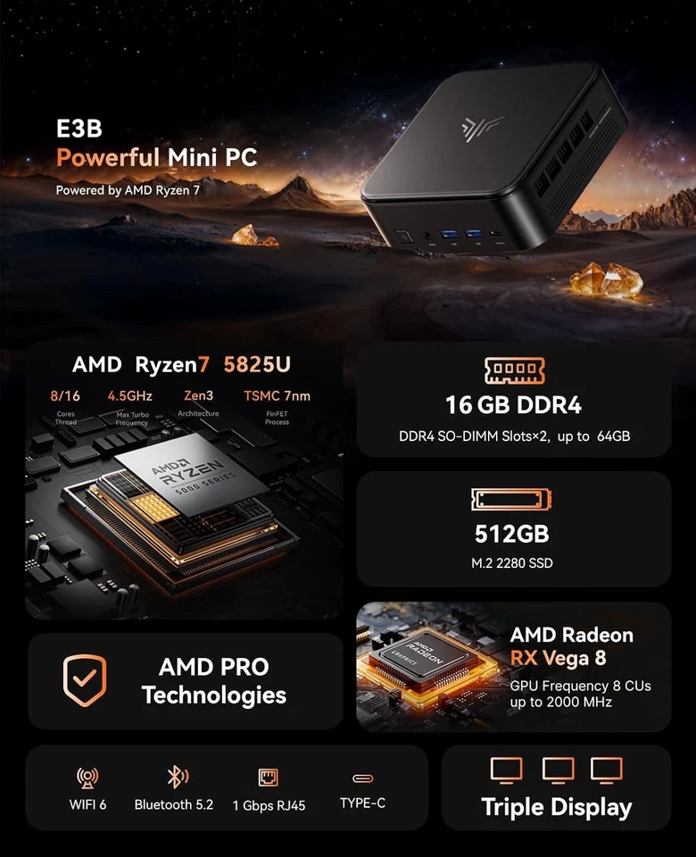 NIPOGI 4K MINI PC AMD Ryzen 7 5825U 16GB DDR4 512GB M.2 SSD WiFi Windows 11 PRO - Bild 2 von 4