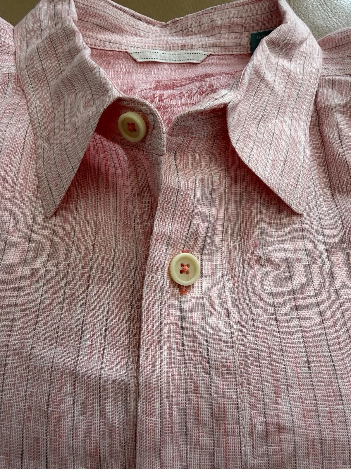 Tommy Bahama Vintage Mens XL X-Large 100% Linen Pink Striped Button Down Up Cool