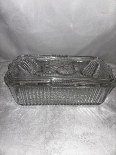 Vintage Federal Glass Refrigerator Storage Dish Ribbed w/Embossed Vegetable Lid