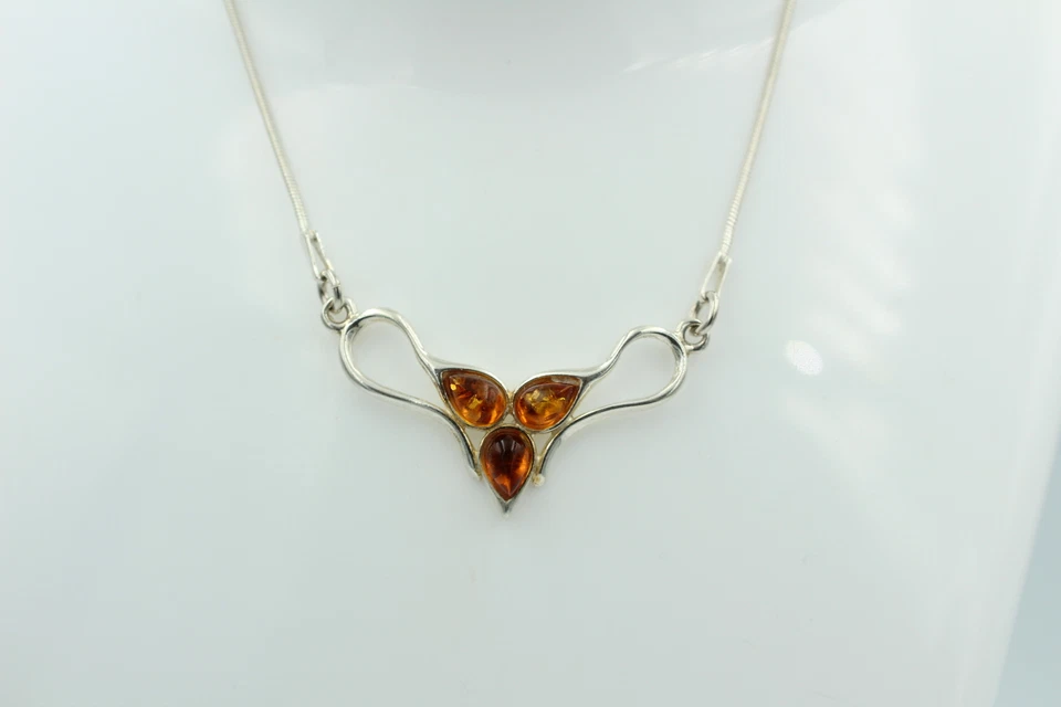 Collana In Ambra Marrone 925 Argento Sterling Ambra Lunghezza Circa 42 Cm - Immagine 2 di 4