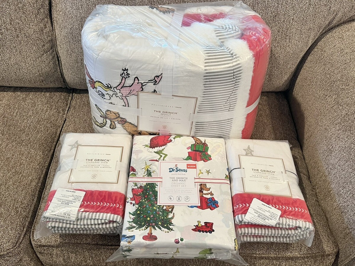 NEW Pottery Barn Teen/Kids The Grinch Queen Quilt, Shams, Cotton Sheet Set