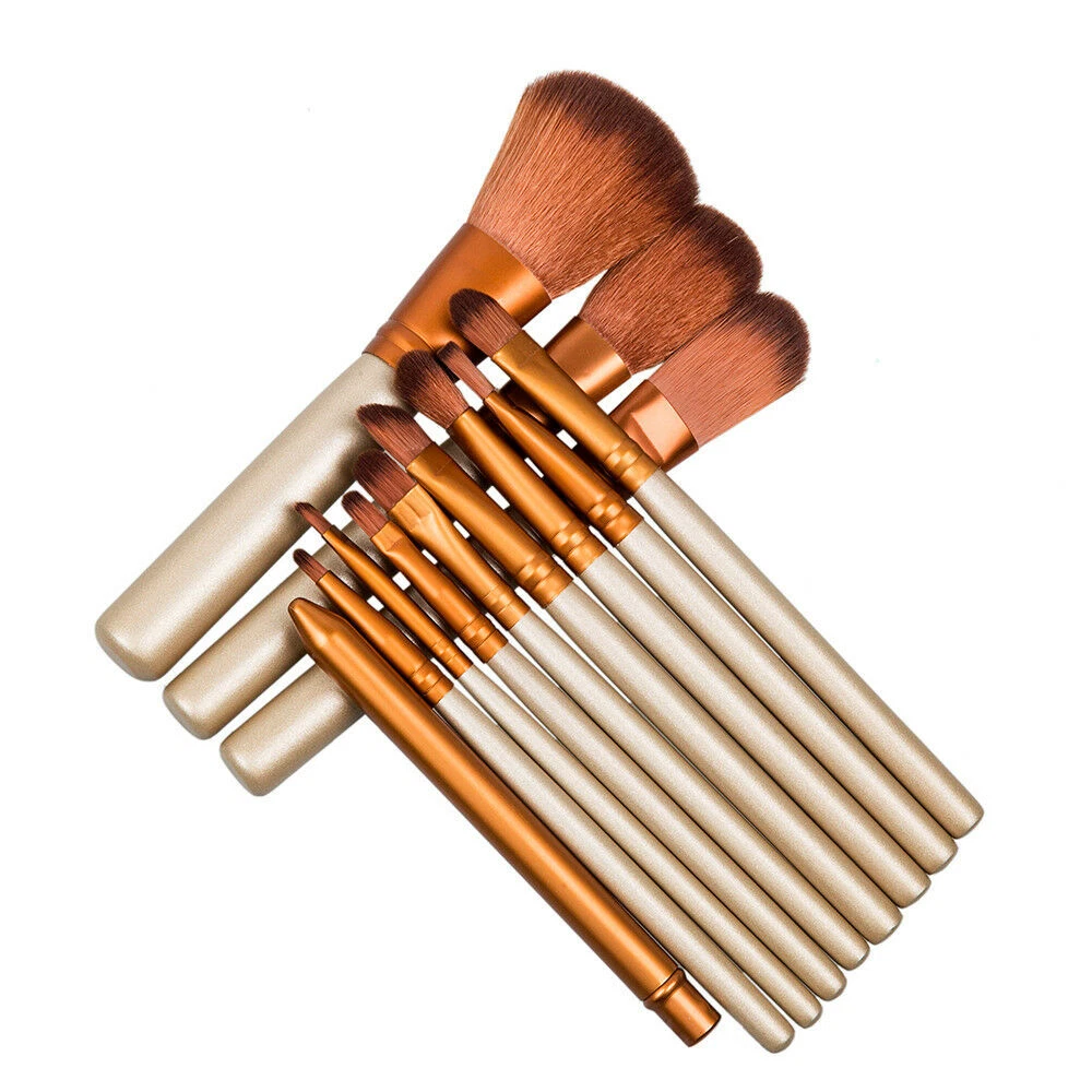 12Pcs Make Up Brushes Tool Makeup Foundation Blusher Brown Gold New 100Set Hot
