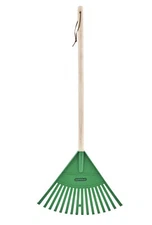 Kids Garden Rake /Hardwood Handle, Green Plastic Head, Sweep Leaves in Lawn