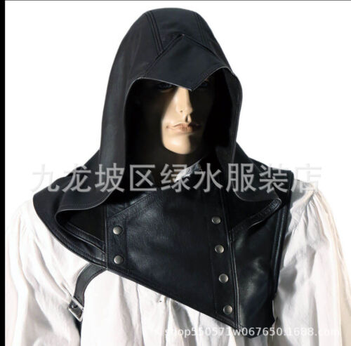 Vintage Pu Leather Dark Headgear Cape Style Sleeveless Hoodie Cosplay Costume - Picture 1 of 9
