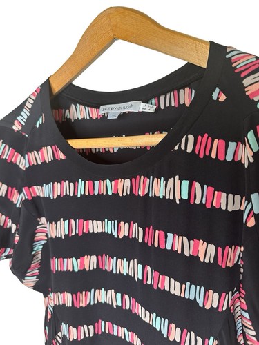 See By Chloe Silk Dress Size 4 Black Multicolor Brushstroke Print Ruffled Lining - Picture 9 of 15