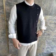 Knitted Sweaters Men Waistcoat Sleeveless Man Clothes Buttons Slit Green Vest