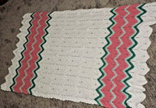 Hand crocheted  LAP BLANKET /AFGHAN green/blue/white/rose 46"x30"