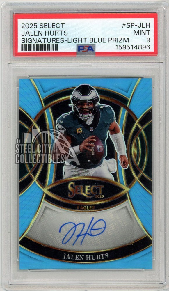 Jalen Hurts 2025 Select Light Blue Prizm Autograph Card #SP-JLH 48/49 PSA 9