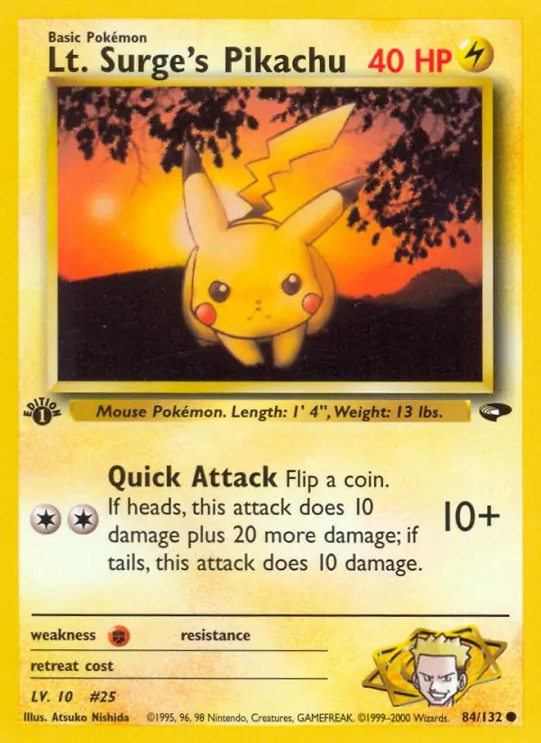 Lt. Surge's Pikachu - 84/132 - Pokemon Gym Challenge 1st Edition Card WOTC NM