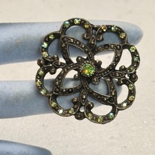 Vintage Brooch AB Rhinestone Openwork Filigree Floral Pin Gunmetal Tone mcm