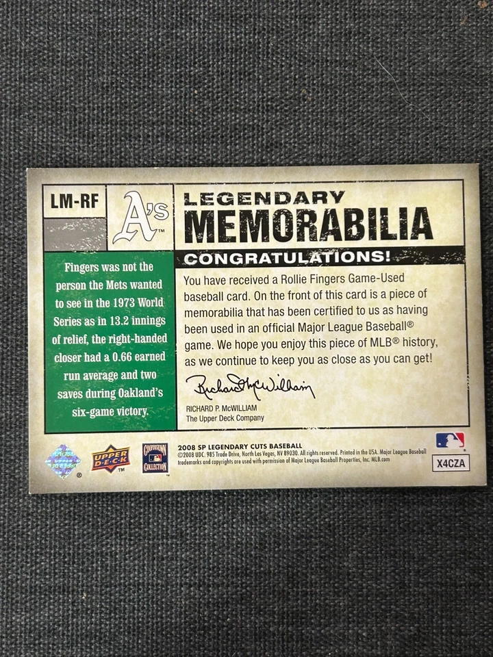 2008 UPPER DECK SP LEGENDARY MEMORABILIA ROLLIE FINGERS # LM-RF 35/50 - Image 2 of 2