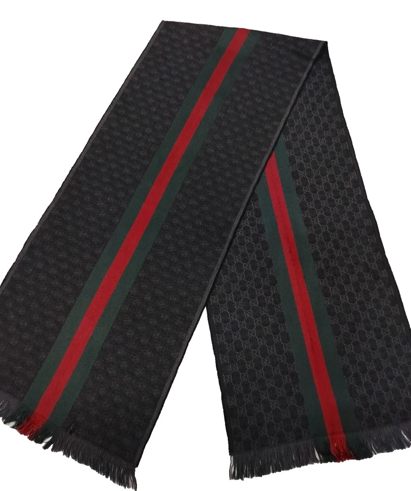 GUCCI women's Wool silk Scarf Shawl Stole wrap Made in Italy GG Striped Black - Image 4 of 4