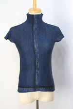 ISSEY MIYAKE Pleats (T.) Denim Print High Neck Short Sleeve Top 060 5889