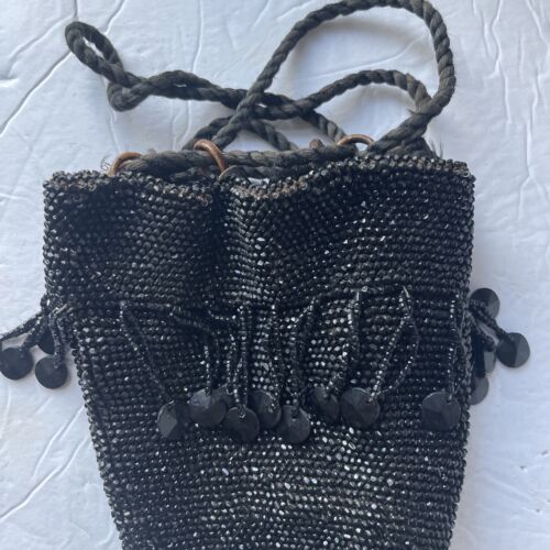 1920’s Flapper Black Glass Beaded Handbag Tasseled Drawstring Purse Evening Bag - Picture 2 of 15