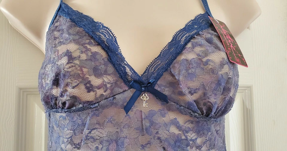 Conjunto de lingerie feminina íntima nova com etiquetas Native Intimates renda íntima 2 peças cami + tanga azul M - Imagem 4 de 4