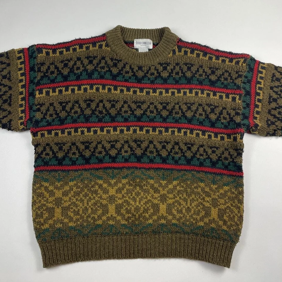 Suéter Vintage Marrón Verde Rojo Mezcla Lana Tribal Azteca Geométrico Talla Grande Foto 2 de 4