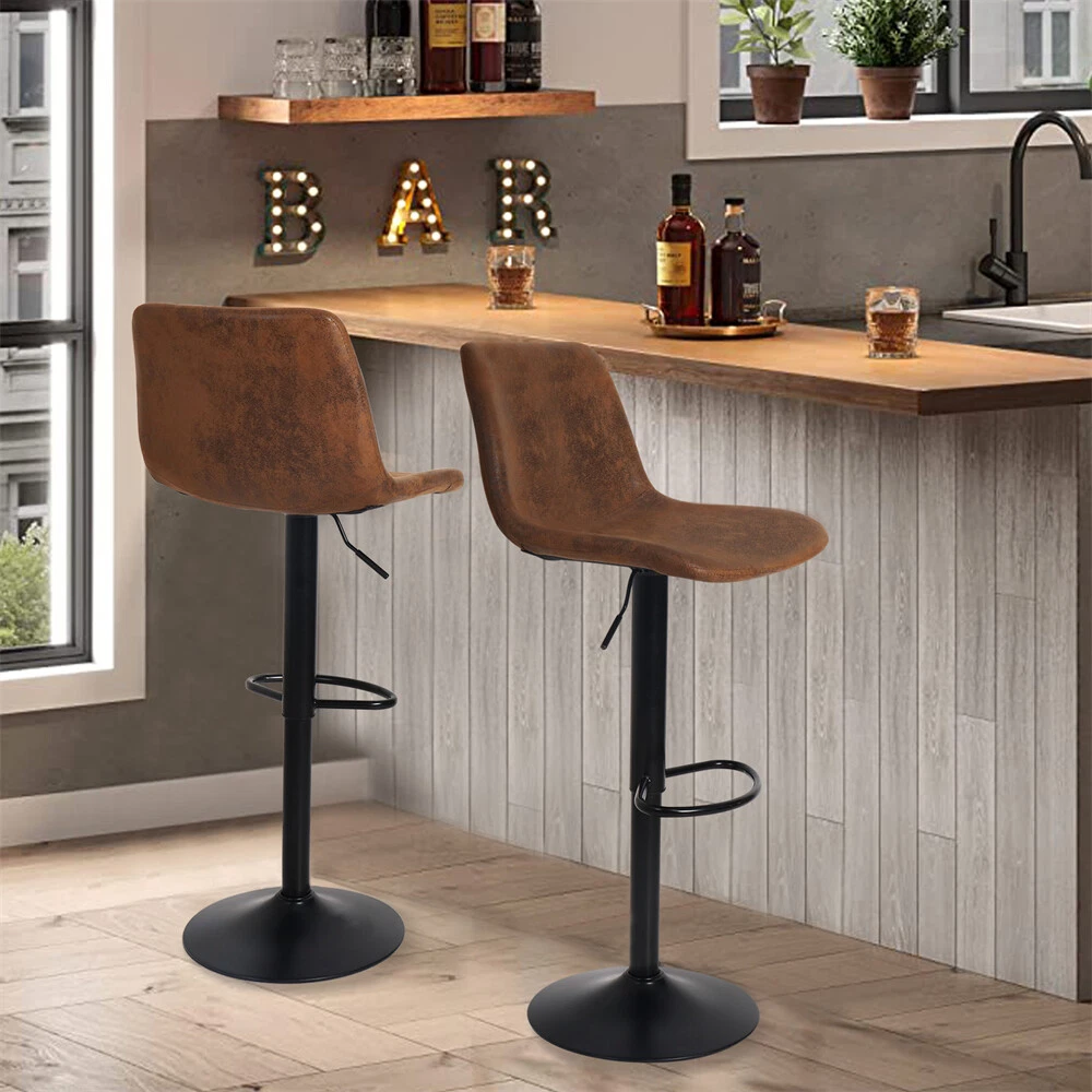 2pcs Industrial Rustic Bar Stools Leather Padded Seat Kitchen Pub