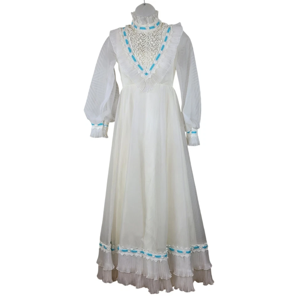Vintage 60s Victorian Dress Size 2/4 White Lace Blue Puff Prom Ruffle Long maxi - Image 2 of 4