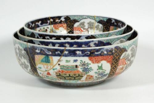 Antique Set (3) Japanese Imari Handpainted Large Nesting Bowls Late Edo/Meiji - Picture 1 of 10