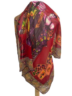 S7# gianni Versace Silk Scarf multicolore 34 inch has stain & pulled thread