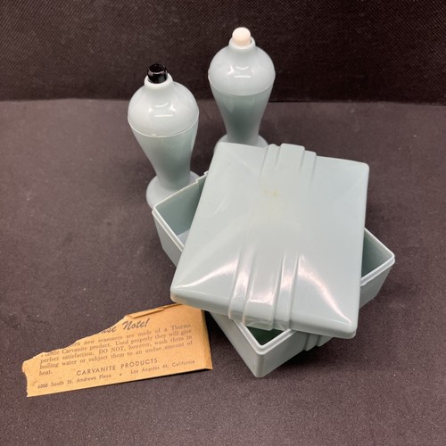 VTG Carvanite Art Deco blue Salt & Pepper 3.5” Original Case Los Angeles, USA - Picture 1 of 13