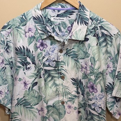 TOMMY BAHAMA Loop Collar Hawaiian Shirt Mens XL Button Up Hibiscus FLORAL Camp