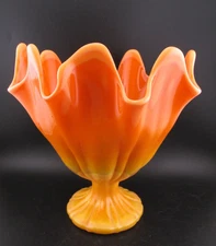 L E Smith Bittersweet 9 Petal Tall Slag Glass Compote Dish Vintage MCM FREE SHIP