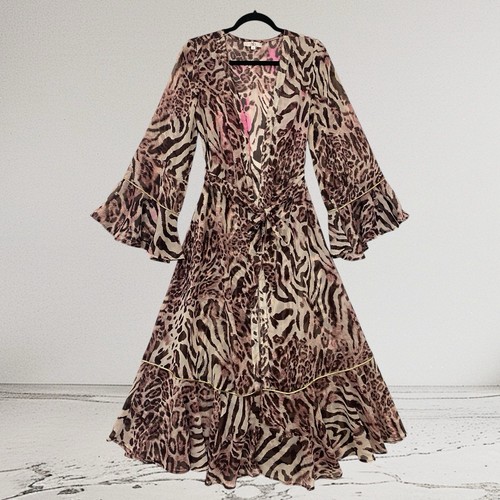 A&B America & Beyond Women’s Animal Print Kimono Duster Size Small Ruffle Maxi  - Picture 2 of 24