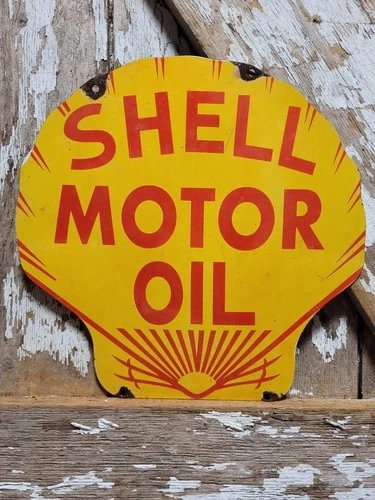 VINTAGE SHELL MOTOR OIL PORCELAIN SIGN OLD DIECUT GASOLINE GAS PUMP PLATE 12"