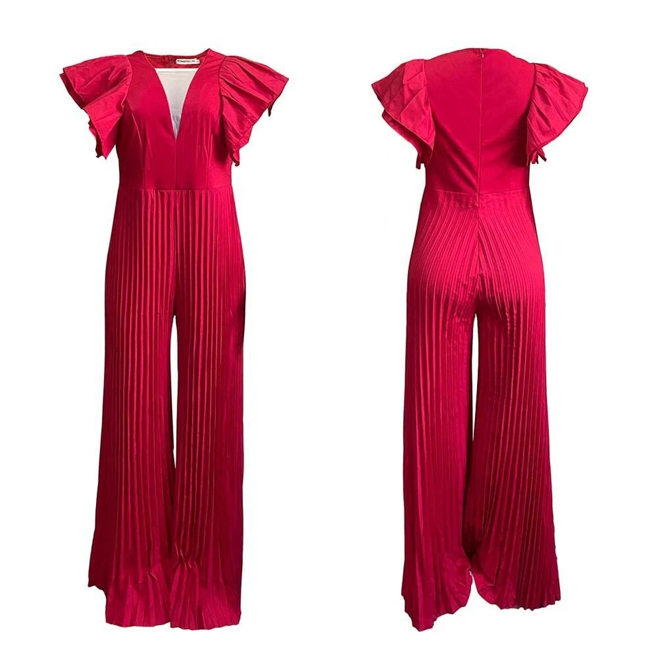 Women Summer Casual V Neck Loose Party Ladies Romper Short Sleeve Long Jumpsuit - Image 4 of 4