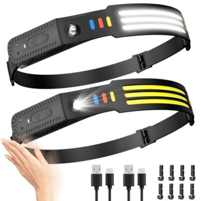 LED Rechargeable Headlamp 2PCS, 230° Wide Beam Head Lamp, COB Bright Head 