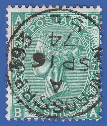 GB QV 1873 1s GREEN PLATE 7 BA  SG117  GU + NEWCROSS RD CDS