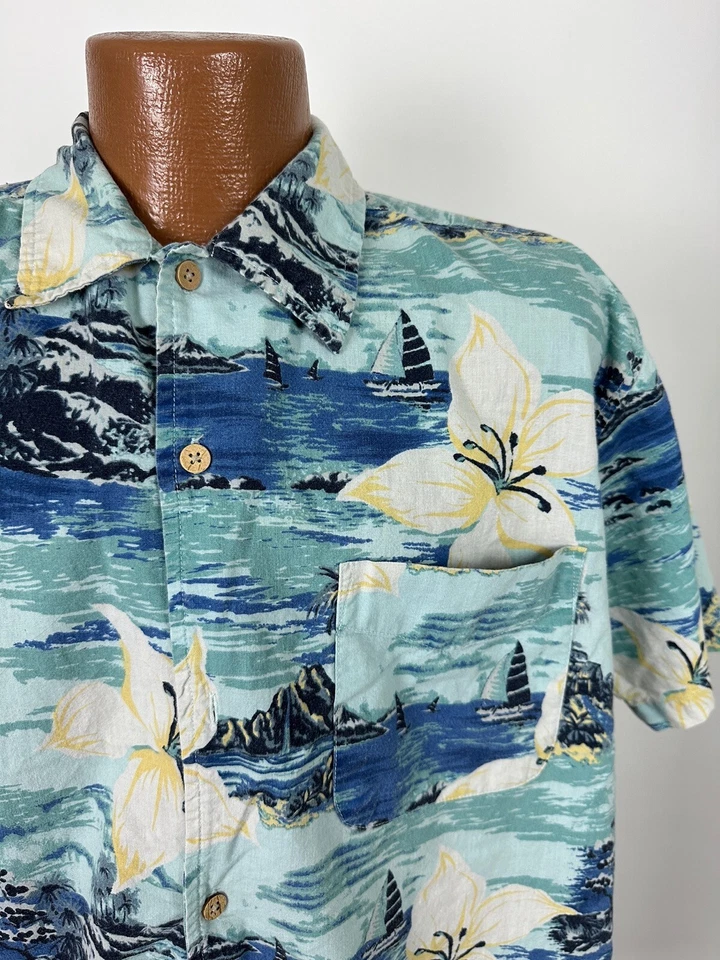 Винтажная гавайская рубашка 90-х Cherokee Waikiki мужская L парусник остров цветочный хлопок - Изображение 2 из 4
