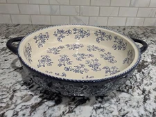 Temp-tations 3.5 Qt Baker Dish Floral Lace Blue Stoneware Ovenware Baking Pan