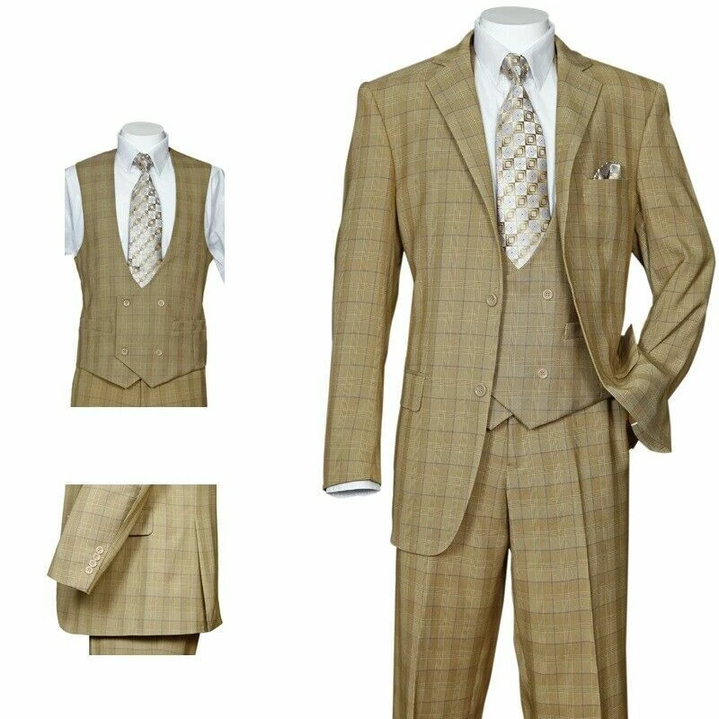 Men's Fancy Luxurious Wool Feel SUIT 3-PC w/ VEST Plaid/ChecksDesign SideVents - Image 3 of 4