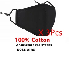 3 Pieces 100% Cotton Face Mask Unisex Adjustable Reusable Washable Black 