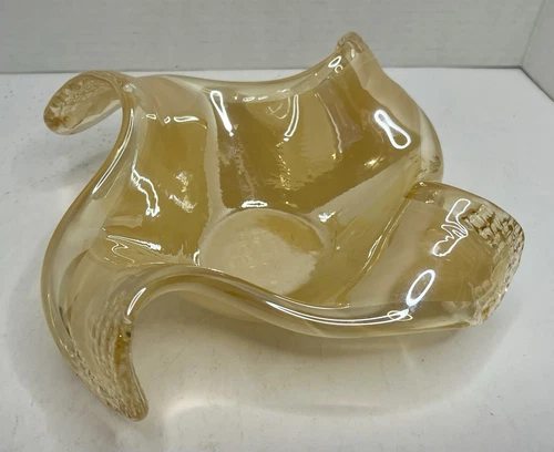 Vintage Murano Yellow Iridescent Spiral Art Glass Candy Dish Ashtray 7”