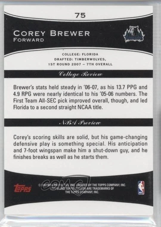2007-08 Topps Echelon Rookie Blue /10 Corey Brewer #75 Rookie RC - Image 2 of 2
