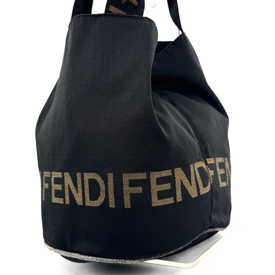 FENDI Logo Strap Nylon Bucket Tote Shoulder Bag Black Brown Vintage - Image 4 of 4
