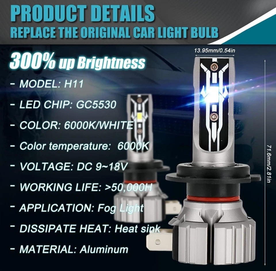 H7 LED 2pcs Headlight Bulbs 12V 70W 12000Lumens 6000K Xenon White IP65 Waterpro - Image 4 of 4