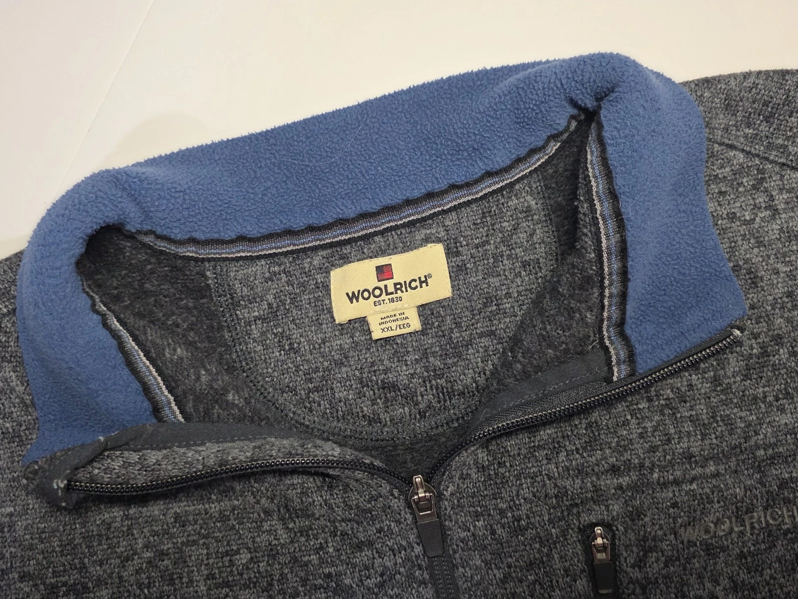 Woolrich Sweater Mens XXL Blue Navy 1/4 Zip Fleece Long Sleeves Pocket Pullover