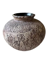 Tenmoku Pottery Round Brown Vase Malaysia Handicraft Textured Trees TM26D 6”