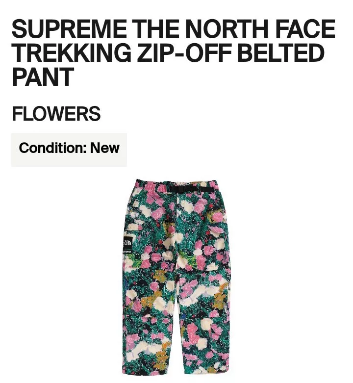 Taille L   Supreme x The North Face Trekking Zip Off Ceinture Pantalon Fleurs (SS22)