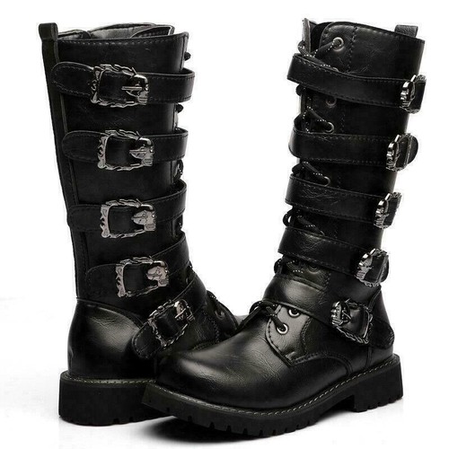 Mens Steampunk Leather Combat Boots Knee High Army Military Shoes Buckle Gothic - Picture 6 of 18
