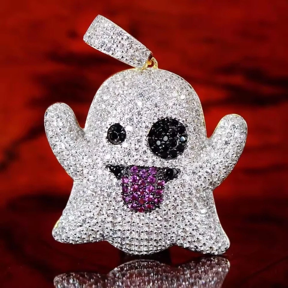 Round Cut Multi Color 14K Yellow Gold Over Snapchat Ghost Pendant 2" - Изображение 2 из 4